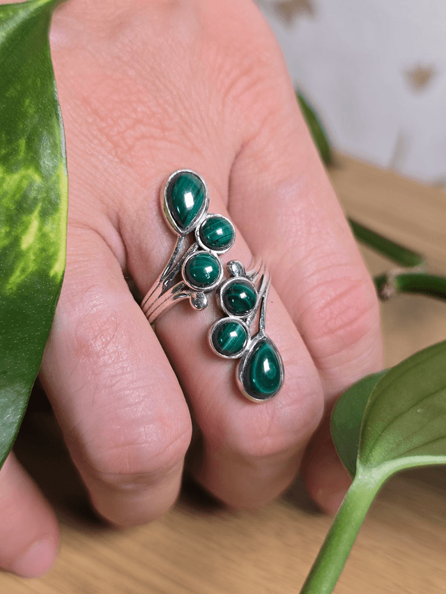 Bague "Constellation" en Malachite et argent 925 (Qualité AA+)