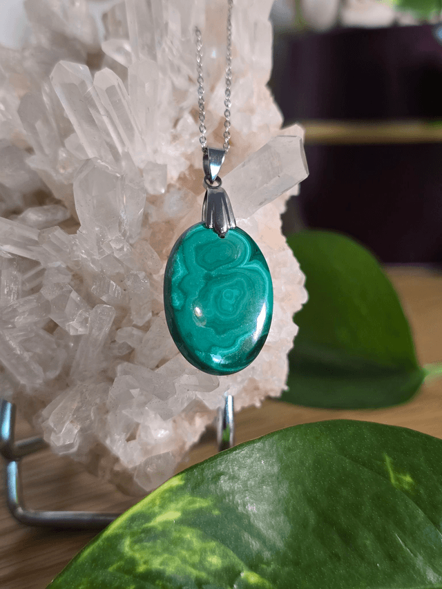 Pendentif Malachite (Qualité AA) sans cerclage, bélière inox