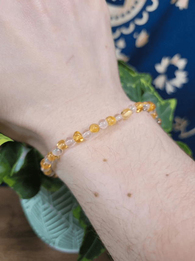 Ambre et Cristal de Roche - Bracelet "Duo", perles de 4 mm