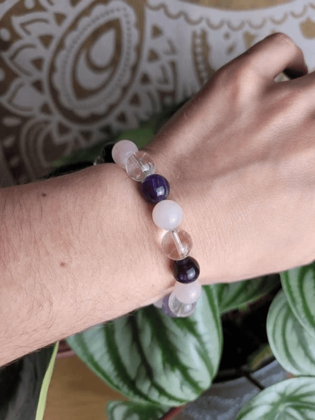 &quot;Trinité&quot; - Bracelet en Cristal de roche, Améthyste et Quartz rose, perles de 10 mm