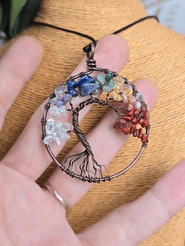 Arbre de vie / 7 Chakras - Pendentif pierre et cuivre tressé