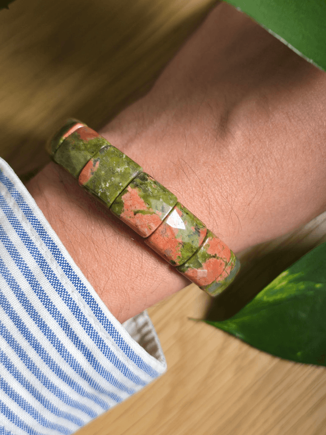 Unakite - Bracelet avec perles plates facettées